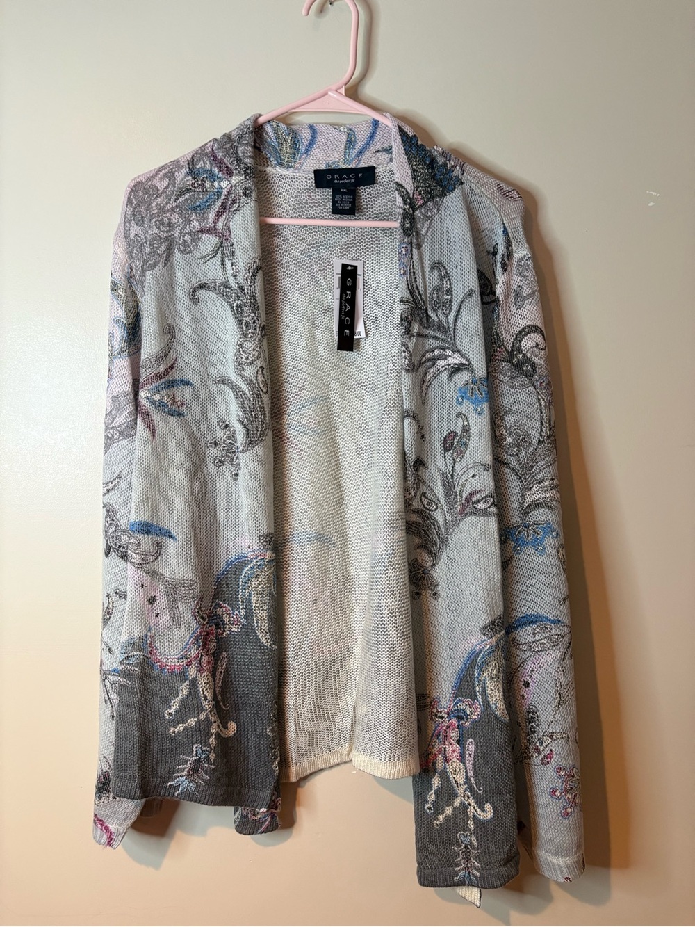 Grace Gray Floral Paisley Lightweight Long Line Knit Cardigan NWT